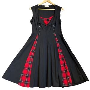 KillReal Fit Flare Dress Large Black Red Tartan Retro Pinup Punk Goth 50's Plaid